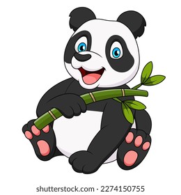 Cute panda cartoon illustration sitting and holding bamboo