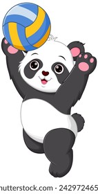 Cute Panda Cartoon Playing Volleyball Vector Illustration. Animal Nature Icon Concept Isolated Premium Vector