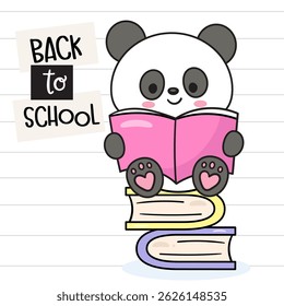 Cute Panda Cartoon Reading Book on Book Stack. Back to School Kids Kawaii Animals. Flat Baby Kitten Playing Illustration.