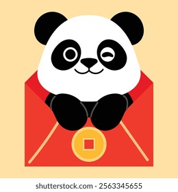 Cute Panda Cartoon is in a Red Envelope illustration