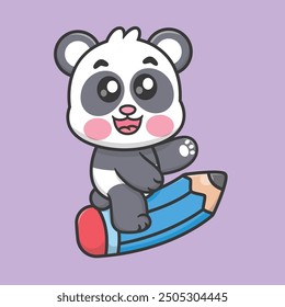 Cute Panda Cartoon Riding on a Pencil Isolated Illustration Icon Vector, Animals Education Cartoon Icon Premium Vector, Cartoon Education Style