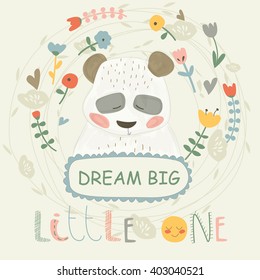 Cute panda in cartoon style. 'Dream big little one' nursery poster.