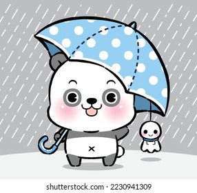 Cute Panda Cartoon con un paraguas para una caminata en lluvia. Teru Teru Bozu, muñeca de lluvia japonesa.