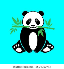 Cute panda cartoon vector illustration holding bamboo with blue background