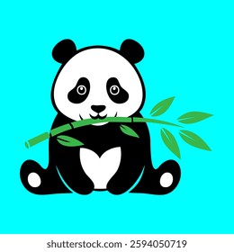 Cute panda cartoon vector illustration holding bamboo with blue background
