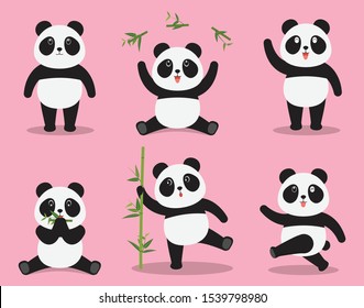 Cute panda cartoon vector set in different emotion isolated on pink background - Vector illustration