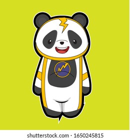 cute panda cartoons using yellow and gray clothes and green isolated background.