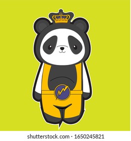 cute panda cartoons using yellow and gray clothes and green isolated background.