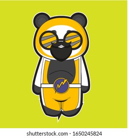 cute panda cartoons using yellow and gray clothes and green isolated background.
