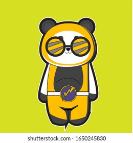 cute panda cartoons using yellow and gray clothes and green isolated background.