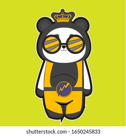 cute panda cartoons using yellow and gray clothes and green isolated background.