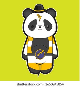 cute panda cartoons using yellow and gray clothes and green isolated background.