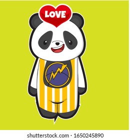 cute panda cartoons using yellow and gray clothes and green isolated background.