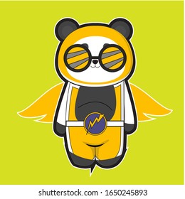 cute panda cartoons using yellow and gray clothes and green isolated background.