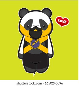 cute panda cartoons using yellow and gray clothes and green isolated background.