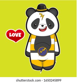 cute panda cartoons using yellow and gray clothes and green isolated background.