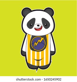 cute panda cartoons using yellow and gray clothes and green isolated background.