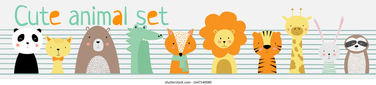 Cute Panda, cat, bear, crocodile, fox, lion, tiger, giraffe, rabbit, bunny, sloth childish vector illustration in scandinavian style set isolated on white background