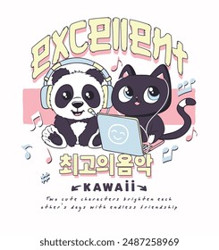 Cute panda and cat illustration in kawaii character style.Korean slogan "best music". T shirt graphics for girls. Cool anime panda character. Cute manga animal drawing. Korean cat vector child.