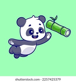 Cute Panda Catching Bamboo Cartoon Vector Icon Illustration. Animal Nature Icon Concept Isolated Premium Vector. Flat Cartoon Style