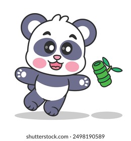Cute Panda Catching Bamboo Cartoon Vector Icon Illustration. Animal Nature Premium Vector. Cartoon Style