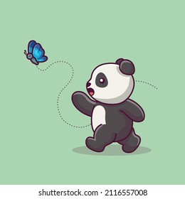 lindo panda atrapando caricatura de mariposa 