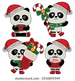 cute panda celebrate christmas vector illustration