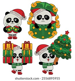 cute panda celebrate christmas vector illustration