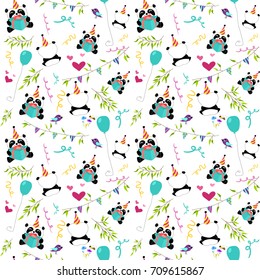 Cute panda celebrates Birthday. White background. Seamless pattern. Vector illustration