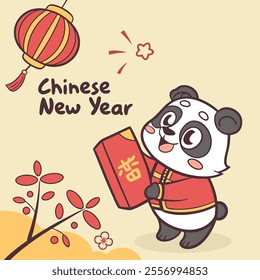 A cute panda celebrating Chinese New Year with a red envelope.