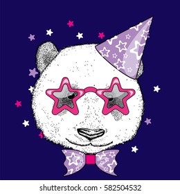 Cute panda in a celebratory cap and funny glasses. Vector illustration. Postcard or poster, print on clothes. A party.