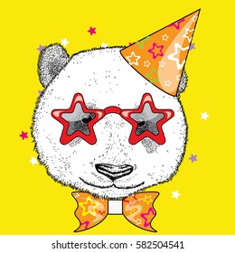 Cute panda in a celebratory cap and funny glasses. Vector illustration. Postcard or poster, print on clothes. A party.