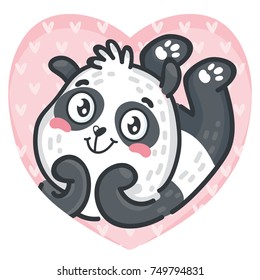 Cute Panda character adorable, in love on romantic pink background in heart shape. Vector illustrations art in cartoon, doodle hand drawn style: for card, poster, banner, wedding, invitation design