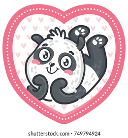 Cute Panda character adorable, in love on romantic pink background in heart shape. Vector illustrations art in cartoon, doodle hand drawn style: for card, poster, banner, wedding, invitation design