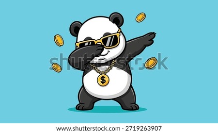 A cute panda character with black and white fur, wearing stylish sunglasses and a shiny gold dollar sign pendant, striking a dab pose with money coins.