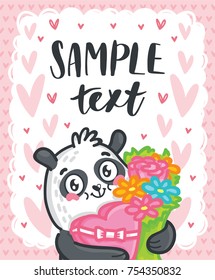 Cute Panda character with bouquet of flowers and candy on romantic pink back. Vector hand drawn cartoon, doodle style illustration with space for your text. Can be as greeting card, poster, banner