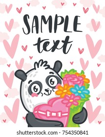 Cute Panda character with bouquet of flowers and candy on romantic pink back. Vector hand drawn cartoon, doodle style illustration with space for your text. Can be as greeting card, poster, banner