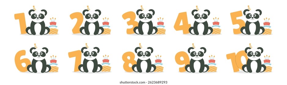 Cute panda character, cake and number from 1 before 10 vector set. Beautiful elements for Kids Birthday Party invitation, greeting card, poster, event, prints and cake toppers design