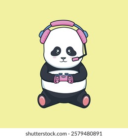 Cute panda character design of wearing headphones and flying a plane made out of a game controller 
