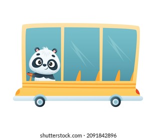 Cute Panda Character Driving Bus Along the Road Vector Illustration