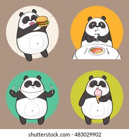 Cute panda character eating food. Set of cartoon panda bear stickers having food.