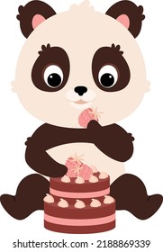 Un personaje de panda lindo comiendo tarta de frambuesa. Dibujo gráfico plano. Ilustración aislada por vectores. 