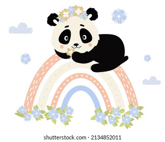 Cute panda character in flower wreath lies on rainbow on white background with clouds. Vector illustration. Cute animal in scandinavian style for nursery and posters, kids collection, design and decor