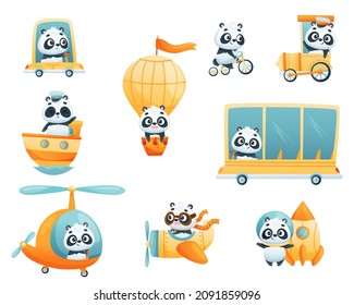 Cute Panda Character Flying Helicopter and Driving Bus Vector Set