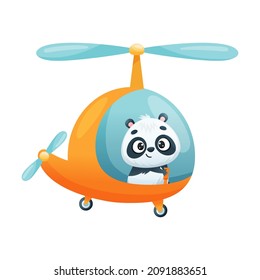 Cute Panda Character Flying Helicopter with Propeller Vector Illustration