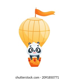 Cute Panda Character Flying on Hot Air Balloon Vector Illustration