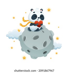 Cute Panda Character Flying on Asteroid and Holding Red Heart Vector Illustration
