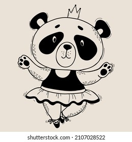 Cute panda character. girl ballerina in dress on pointe shoes with crown. Vector illustration. Character Cute animal in linear style hand drawing for kids collection and cards, design, decor, print