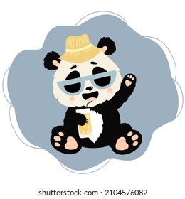 Cute panda character in hat and sunglasses with cocktail waving his paw. Vector illustration. Cute animal for greeting cards, kids collection, print, design and decor