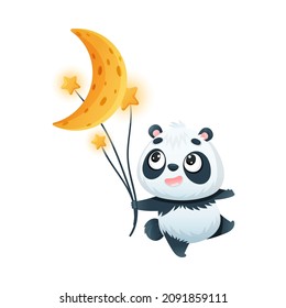 Cute Panda Character Holding Bright Star and Crescent by String Vector Illustration